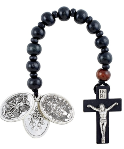 Black Pocket Rosary w: 3 medals