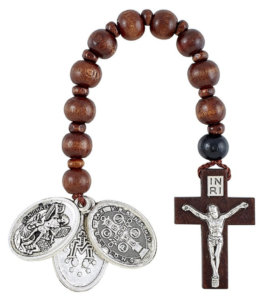 Brown Pocket Rosary w: 3 medals