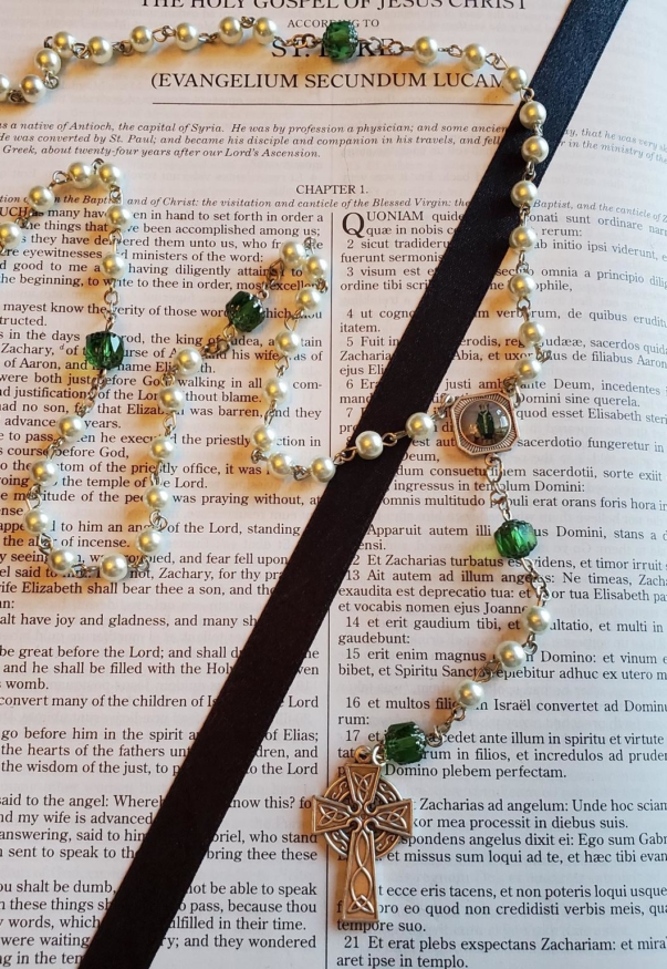Celtic Pearl and Green Cathedral Rosary