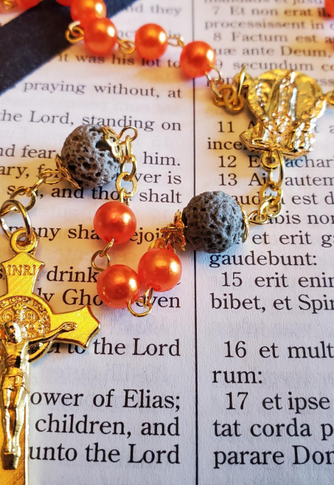 Faux Pearl Orange w: Lava Rocks Rosary-5