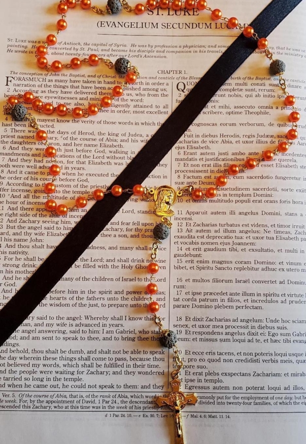 Faux Pearl Orange w: Lava Rocks Rosary