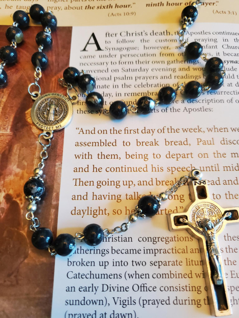 Gold Vein Black Obsidian Saint Benedict Rosary-1