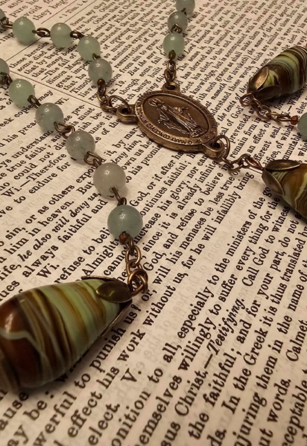 Seafoam Green:Brown Swirl Immaculate Mary Rosary-2
