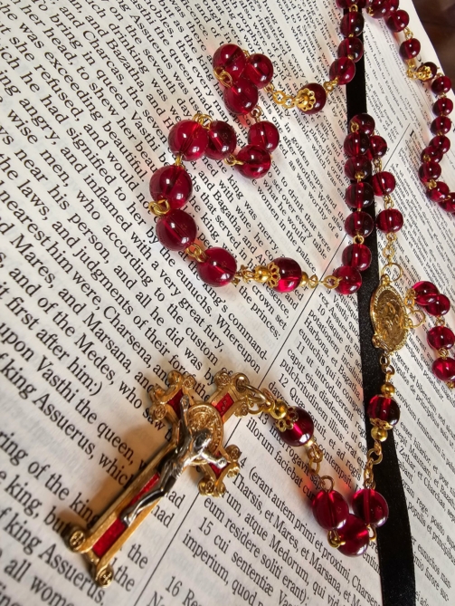 Garnet & Gold Holy Face Rosary.-1