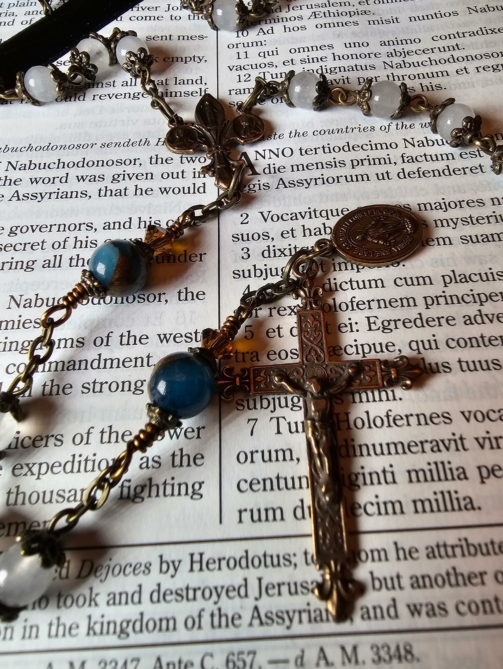 Aqua Blue Mosaic Fleur de Lis Rosary -1