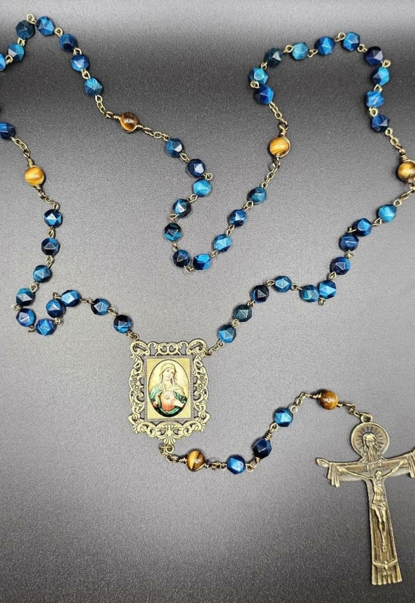 Peacock Blue Tiger Eye Mother Mary Rosary-1