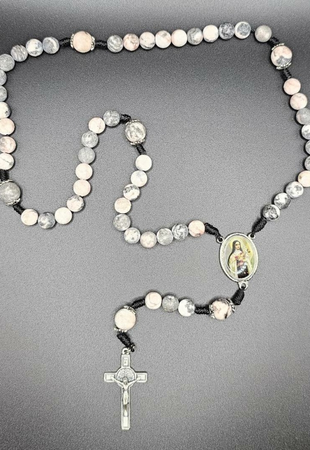 Pink Stone St Thérèse of Lisieux Cord Rosary-1
