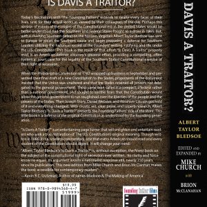 Back cover of a book with the title Is Davis a Traitor? over a parchment background and a vertical black spine on the right side showing author Albert Taylor Bledsoe's name.