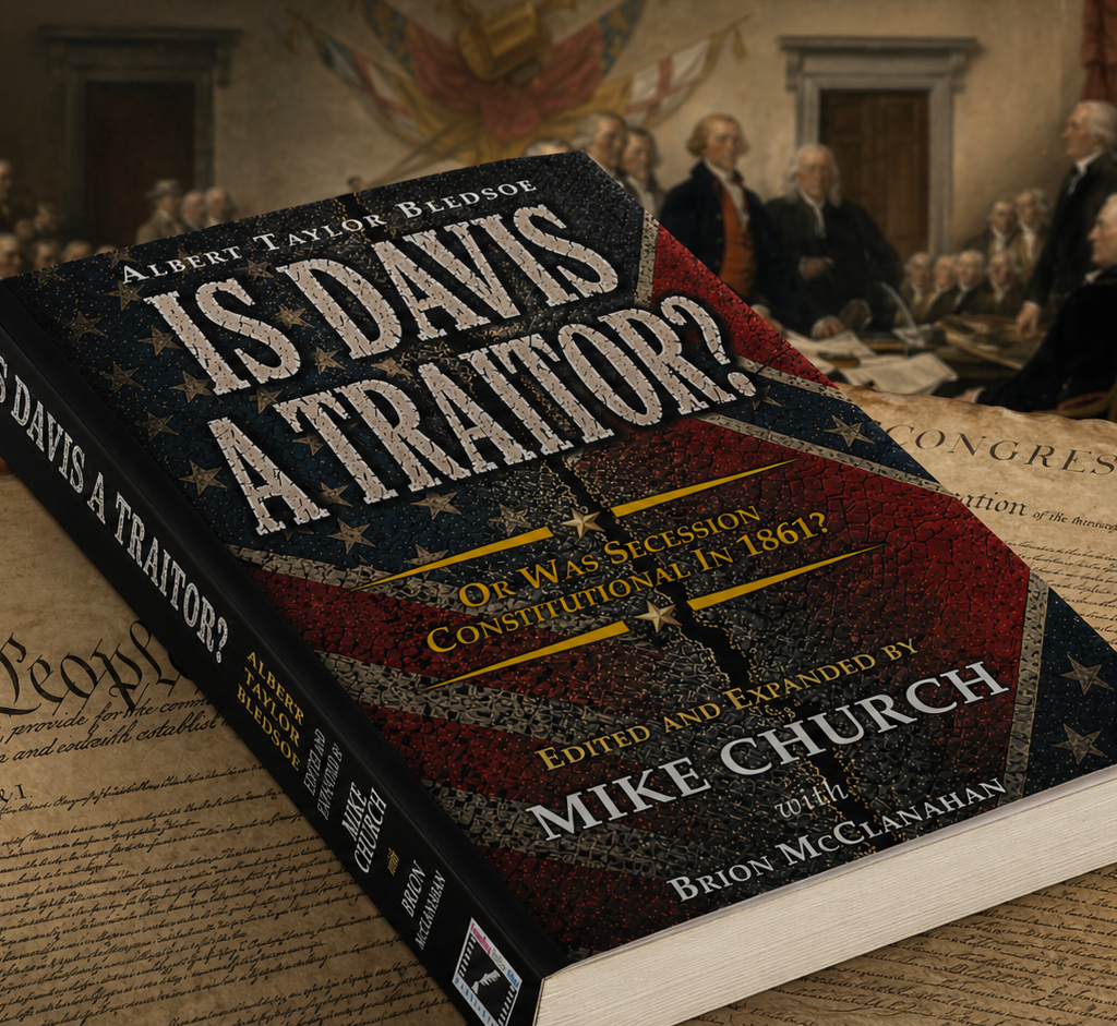 Book titled 'Is Davis a Traitor?' resting on an aged US Constitution page with a 1776 congressional scene in the background.