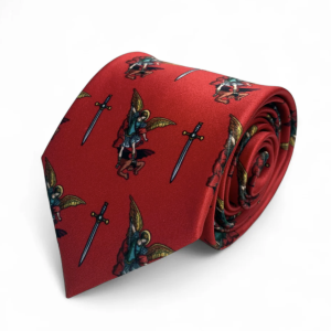 Red necktie featuring a repeating pattern of winged angels and swords, rolled up in the image.