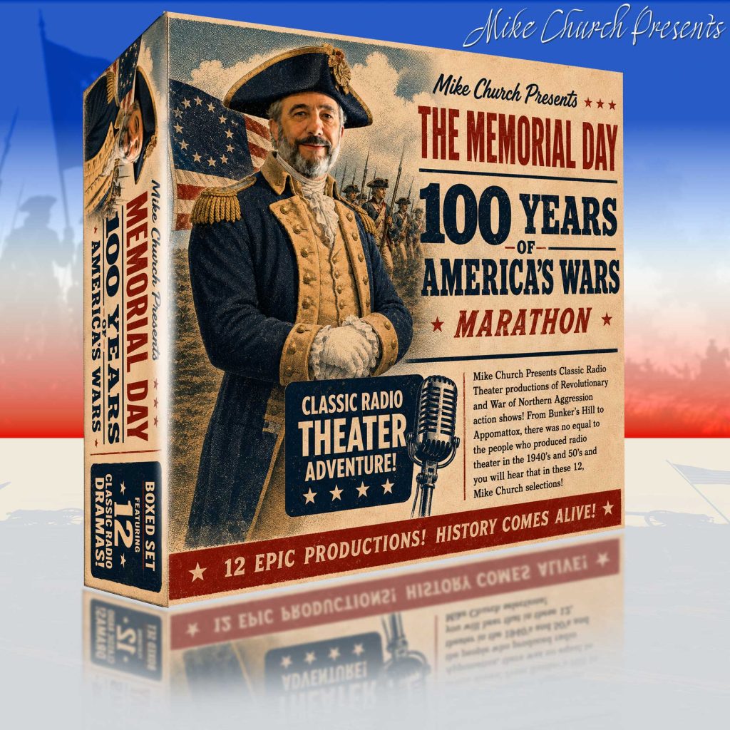 Vintage box design featuring a man in historical military uniform beside bold poster text about Memorial Day and 100 years of America's wars on a retro backdrop.