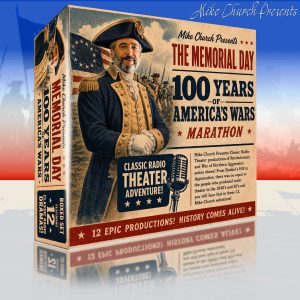 Vintage box design featuring a man in historical military uniform beside bold poster text about Memorial Day and 100 years of America's wars on a retro backdrop.