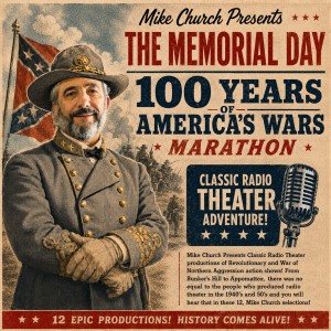 Vintage poster for The Memorial Day Marathon featuring a man in a 19th‑century military uniform, a Confederate flag in the background, and a retro microphone with bold event text.